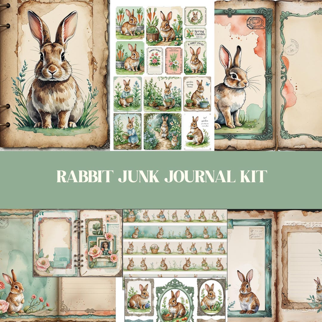 Rabbit Junk Journal Kit Printable : Bunny Journal Pages & Ephemera Set ...