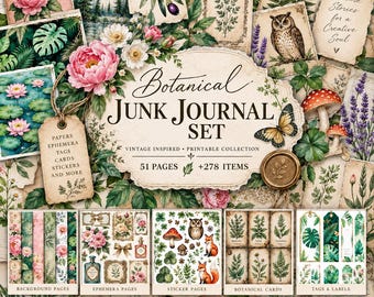 Vintage-Junk-Journal-Set mit botanischen Motiven, 51 Seiten, über 278 Ephemera, Herbarium-Vorlage zum Ausdrucken