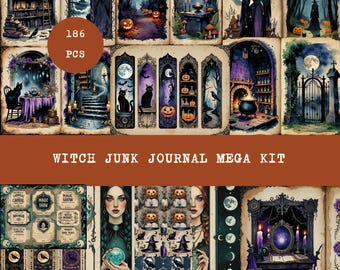 Witch Halloween Junk Journal Mega Kit, Vintage Gothic Halloween Witch Printable Ephemera, Tags, Bookmarks, Patterned Papers, Scrapbook DIY