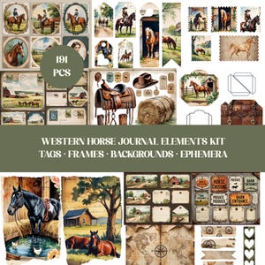 Puede incluir: Una colección de 191 elementos de diario con temática del Oeste, que incluyen etiquetas, marcos, fondos y efímeras. Las imágenes presentan caballos, sillas de montar, graneros y diseños de estilo vintage. El texto de la imagen dice "WESTERN HORSE JOURNAL ELEMENTS KIT TAGS FRAMES BACKGROUNDS EPHEMERA."