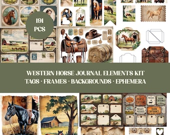 Western Horse Junk Journal Elements Kit : 40 Printable Ephemera Scrapbook Folio Kit