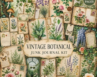 Puede incluir: Un kit de junk journal botánico vintage con 52 páginas de papel efímero que incluye ilustraciones de setas, lavanda, rosas, helechos y escenas de invernaderos sobre fondos de pergamino envejecido con texto manuscrito.