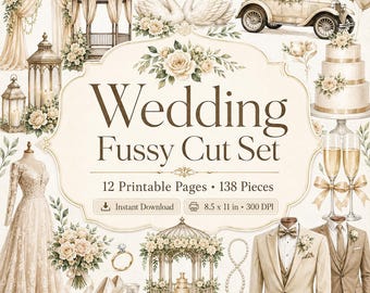 Puede incluir: Un set digital de recortes para bodas con 12 páginas imprimibles y 138 piezas. La colección incluye ilustraciones de vestido de novia, traje, coche antiguo, cisnes, cenador, pastel, copas de champán, anillo y flores con el texto Wedding Fussy Cut Set.