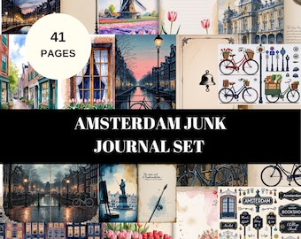 Amsterdam Junk Journal Kit, Watercolor Dutch Ephemera, Scrapbook Stickers (Digital Download)