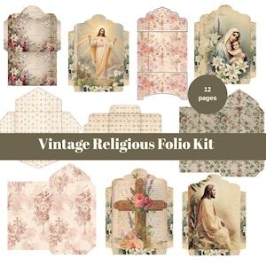 Puede incluir: Kit de folio religioso vintage con 12 páginas. El kit incluye imágenes de Jesús, María y el niño Jesús, una cruz con flores y un patrón floral.