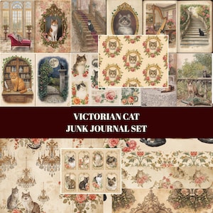 May include: A collection of Victorian-style cat-themed ephemera. The set includes various images of cats in vintage settings, framed portraits, and floral patterns. The text "VICTORIAN CAT JUNK JOURNAL SET" is displayed in a dark red banner.