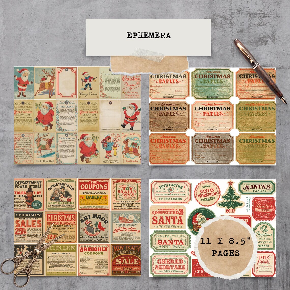 Vintage Christmas Ephemera Set, 490 Pcs Holiday Junk Journal Kit, Retro ...
