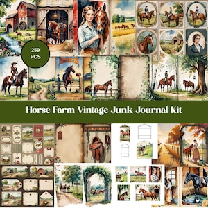 Kit de journal indésirable vintage Horse Farm avec 259 pièces imprimables, pages éphémères de la vie à la ferme, paquet de papier de scrapbooking cheval rustique, amoureux des chevaux