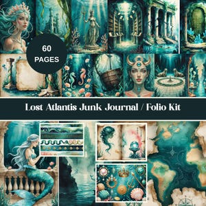 Kit de journal indésirable Lost Atlantis, kit folio imprimable océan avec éphémères, modèles d'enveloppe sirène art, album sous-marin fantastique