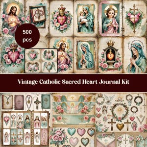 Kit de diario vintage católico del Sagrado Corazón, diario de fe imprimible, efímera cristiana, álbum de recortes religioso digital, descarga digital