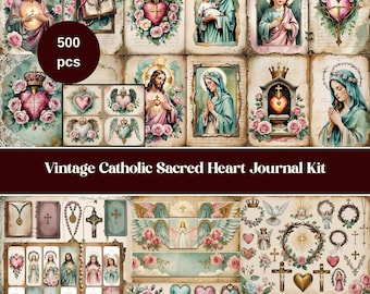 Vintage Catholic Sacred Heart Junk Journal Kit, Christian Ephemera (Digital Download)