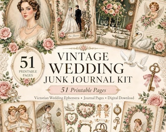 Puede incluir: Un kit de diario creativo digital con 51 páginas imprimibles con imágenes de bodas vintage, que incluyen ilustraciones de novios, querubines, cisnes, arreglos florales, llaves ornamentadas y anillos de boda, decorados con rosas rosadas.