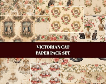 Victorian Cat Printable Pattern Paper Pack for Junk Journal, Shabby Rose Feline Backgrounds, Aristocrat Vintage Cat Digital Scrapbook Kit