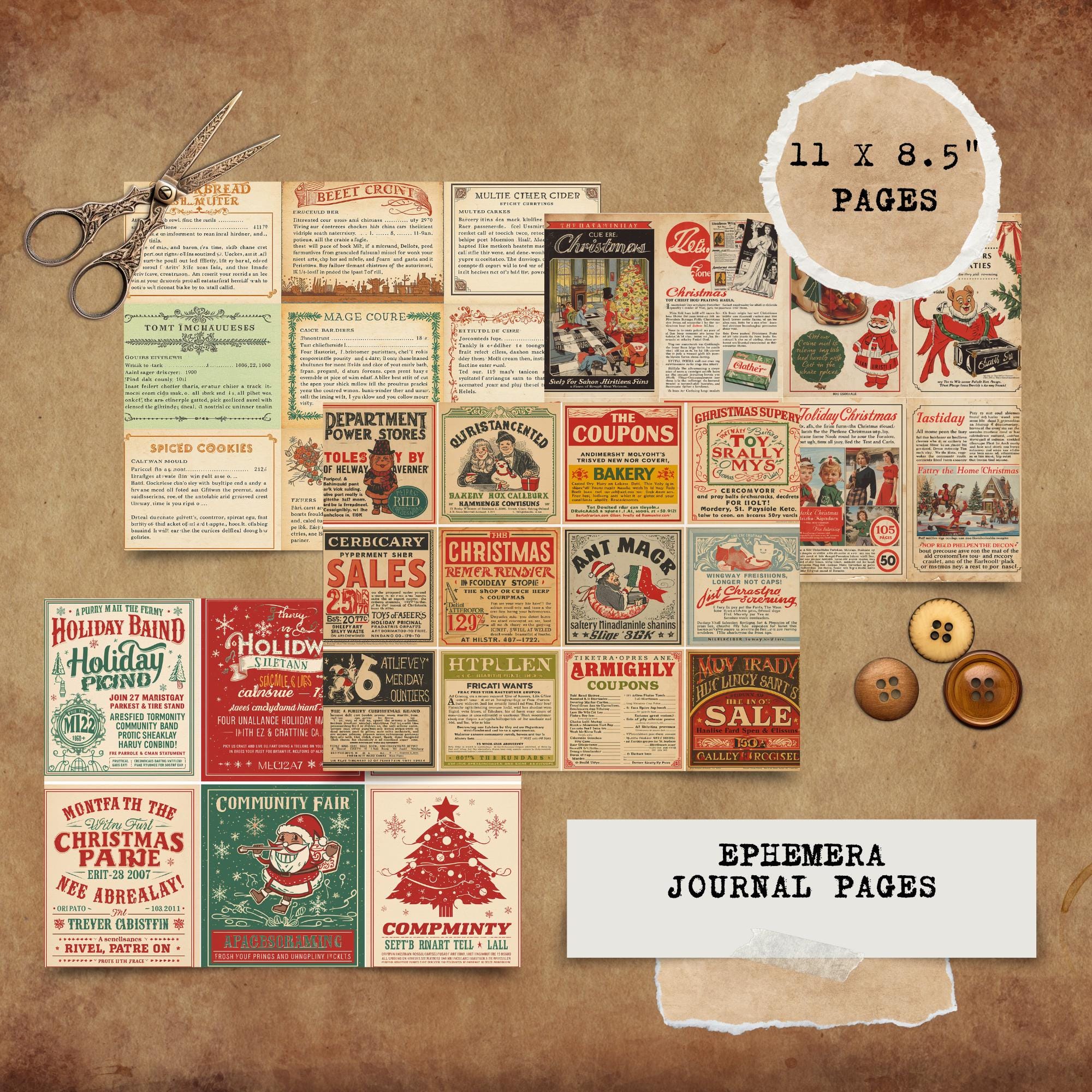 Vintage Christmas Ephemera Set, 490 Pcs Holiday Junk Journal Kit, Retro ...