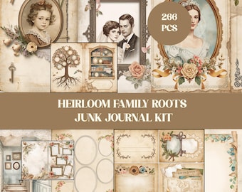 May include: A vintage-style junk journal kit with a variety of ephemera. The kit includes pages with portraits, family tree illustrations, and floral accents. The color palette is soft, with sepia tones and antique details. The text on the image reads "Heirloom Family Roots Junk Journal Kit."