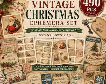 May include: A vintage Christmas ephemera set featuring 490 pieces for scrapbooking and junk journals. The collection includes printed tags, labels, tickets, postcards, and Santa cards with festive holiday imagery, holly, and classic typography.