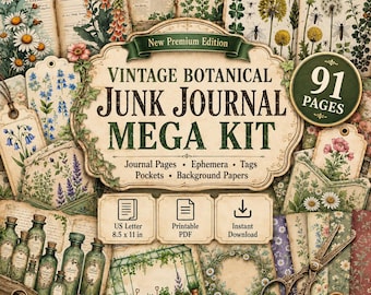 Vintage Botanical Junk Journal Scrapbook Kit, Mega Printable Floral Herbarium Ephemera, Botanical Craft Kit, Paper Embellishments Tutorial