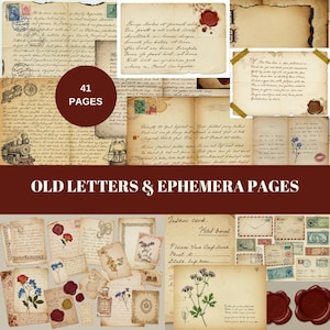 Páginas de diario con cartas antiguas y efímeras, cartas vintage manuscritas imprimibles, kit de diario con papel envejecido, páginas de álbum de recortes con cartas antiguas