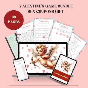 Peut inclure: Une illustration numérique d'un chérubin avec des ailes et une flèche, entouré de cœurs roses. L'image est sur l'écran d'un ordinateur portable, avec d'autres images numériques de jeux et d'activités de la Saint-Valentin sur l'écran et autour de l'ordinateur portable. Le texte "Valentine's Game Bundle" est visible sur l'écran d'une tablette.