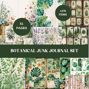 Kit de diario botánico vintage, efímeras florales de acuarela, páginas imprimibles de diario inspiradas en la naturaleza, papel de álbum de recortes de herbario antiguo