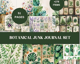 Może przedstawiać: Cyfrowy zestaw do tworzenia junk journalu z motywem botanicznym. Zestaw zawiera 51 stron i ponad 278 elementów. Obrazy przedstawiają akwarelowe ilustracje roślin, kwiatów i liści.