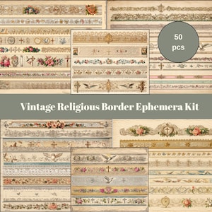 Bordes religiosos vintage efímeros, tiras recortables ornamentadas, bordes florales antiguos y motivos sagrados, suministros para diarios cristianos.