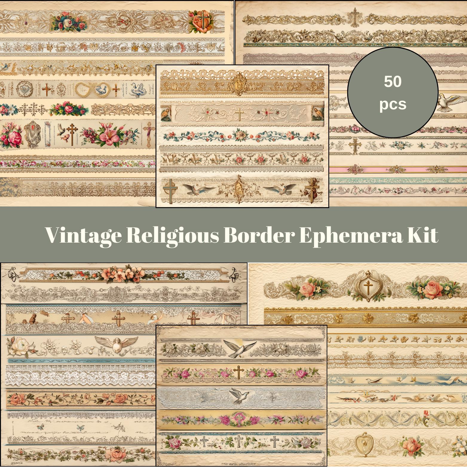 Vintage Religious Border Strips Ephemera,Ornate Cuttable Strips, Floral Antique Borders & Sacred Motif, Christian Junk Journal Supply