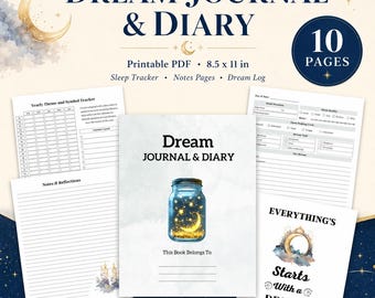 Könnte beinhalten: Ein druckbares 21,59 x 27,94 cm Traumtagebuch-Set mit 10 Seiten, inklusive Jahres-Themen-Tracker, Schlafprotokoll und Notizseiten. Das Cover zeigt ein Glas mit leuchtenden Sternen und einer Mondsichel-Illustration.