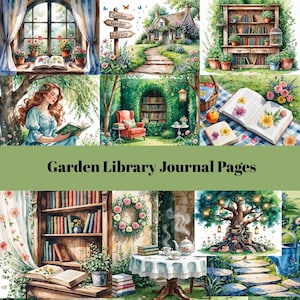 Afdrukbaar romantisch tuinbibliotheekjournaal, tuinbibliotheekboek plakboek, vintage leeshoekje en op de natuur geïnspireerd dagboek, cadeau boekenliefhebbers