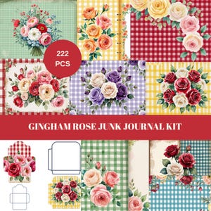 Kit de efímeras de cuadros rosas, imprimible, con papel floral para álbum de recortes y elementos digitales de estilo cottagecore.