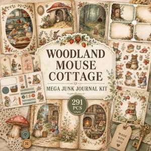 May include: A Woodland Mouse Cottage junk journal kit featuring 291 pieces of paper ephemera, including illustrated pages with mice in forest settings, mushroom motifs, floral borders, gift tags, and a decorative card with the text Woodland Mouse Cottage.