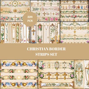 Könnte beinhalten: Ein Set christlicher Bordüren mit verschiedenen Designs, darunter Kreuze, Blumenarrangements und religiöse Symbole. Das Bild zeigt mehrere rechteckige Streifen mit dekorativen Elementen sowie den Text "226 PCS" und "CHRISTIAN BORDER STRIPS SET".