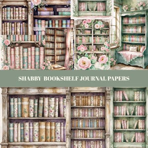 Shabby Bookshelf Library ongewenste tijdschriftpagina's, boekenplank plakboek kit benodigdheden, afdrukbaar bloemenboek bibliotheek papier blad, afdrukken boekenliefhebber