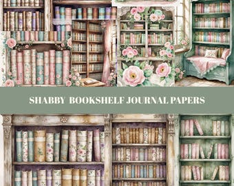 Shabby Bookshelf Library Junk Journal Pages, Bookshelf Scrapbook Kit Supplies, Printable Floral Book Library Paper Sheet, Book Lover Print