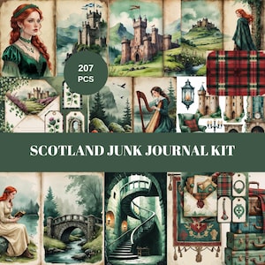 Zestaw dziennika Scotland Junk do pobrania w wersji cyfrowej, szkockie zabytkowe akwarele, strony zamku, tło w kratę, album ze zdjęciami rudowłosej kobiety