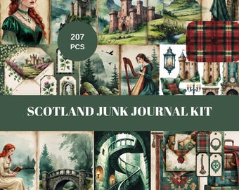 May include: A digital junk journal kit with 207 pieces featuring a Scottish theme. The kit includes images of castles, landscapes, women in traditional clothing, and other Scottish imagery.