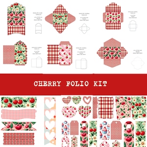 Könnte beinhalten: Ein digitales Set mit Kirsch-Thema, das verschiedene Umschlagvorlagen, Etiketten und dekorative Elemente enthält. Designs umfassen rotes Vichy, Kirschmuster und florale Akzente. Der Text "CHERRY FOLIO KIT" wird in Rot angezeigt.