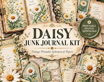 May include: A daisy junk journal kit featuring vintage printable ephemera and papers. The collection includes floral-themed pages, tags, and cards with daisy illustrations and text such as Collect Pretty Moments, Small Flowers Big Happiness, and Daisy Junk Journal Kit.