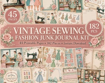 Vintage Sewing Junk Journal Kit, Retro Fashion Ephemera (Digital Download)