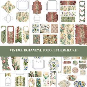 Vintage Botanical Junk Journal Folio Kit,Flower Ephemera Set, Antique Floral Paper Pack, Envelope & Tag Templates, Scrapbook Supplies