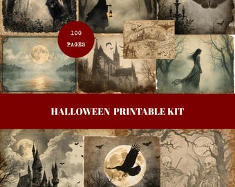 Halloween Junk Journal Background Pages, 145 Vintage Gothic Parchment Papers, Printable Spooky Digital Kit for Halloween DIY Project