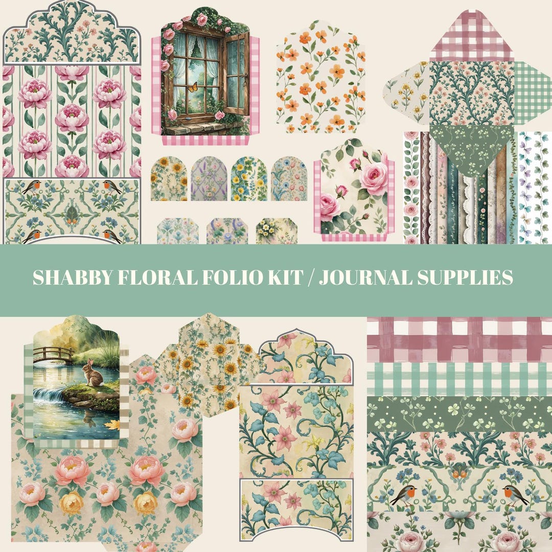 Shabby Floral Folio Kit With Envelopes & Ephemera, Romantic Vintage ...