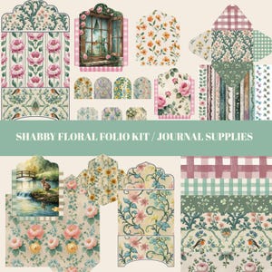 Kit de folio floral shabby con sobres y efímeras, suministros para diarios vintage románticos, set de diarios imprimibles, suministros para álbumes de recortes shabby