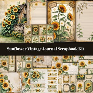 Vintage pages de journal indésirables tournesol, kit de scrapbooking tournesol, éphémères floraux antiques, textures de papier tournesol rustique, téléchargement numérique
