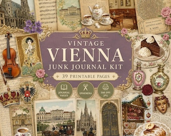 May include: A digital junk journal kit titled Vintage Vienna Junk Journal Kit with 39 printable pages. The collage features images of a violin, a crown, a slice of chocolate cake, a strudel, tea sets, historic buildings, and ornate architectural details.