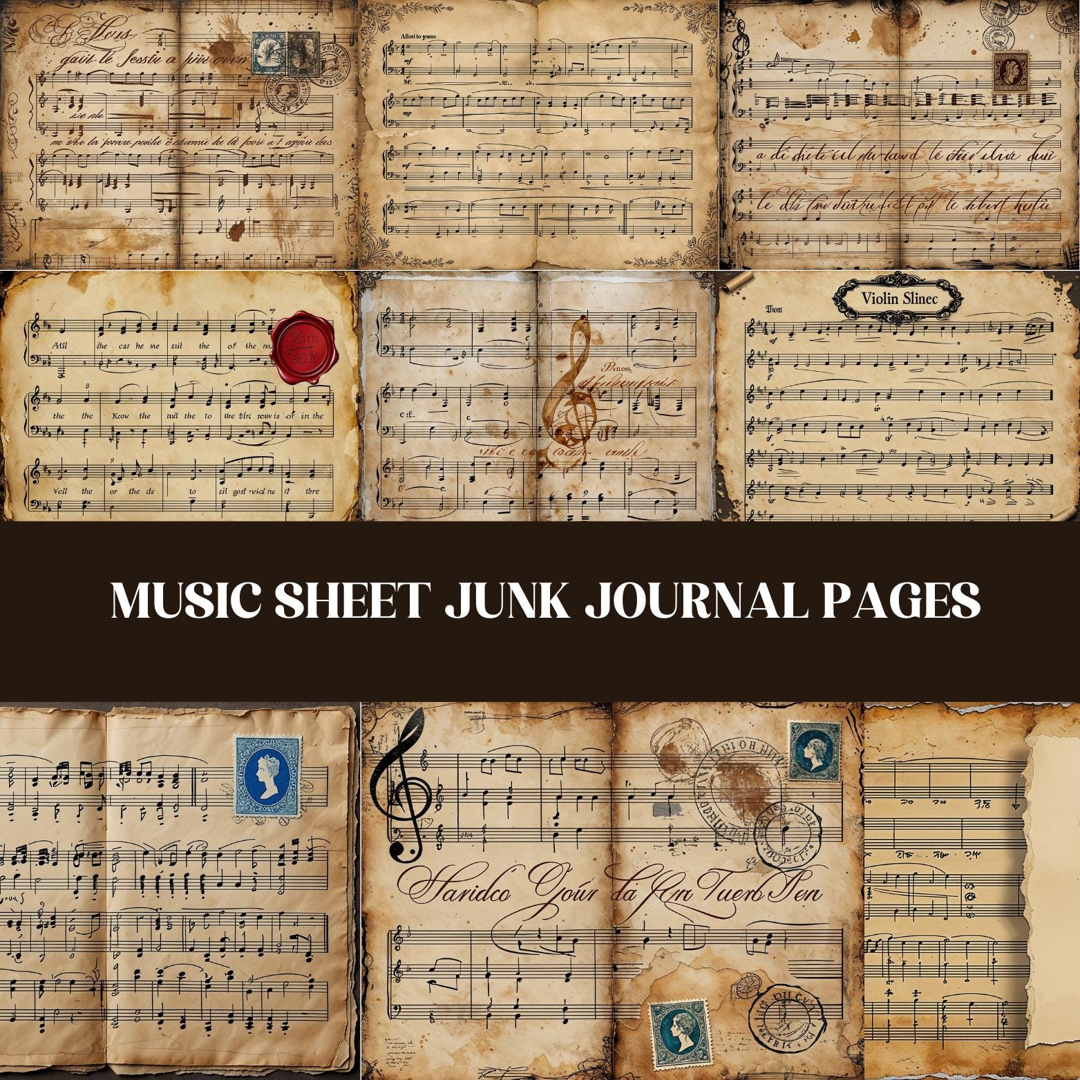 Vintage Music Sheet Writing Junk Journal Pages, Aged Parchment Music Half Pages, Printable Antique Music Score & Ephemera, Instant Download