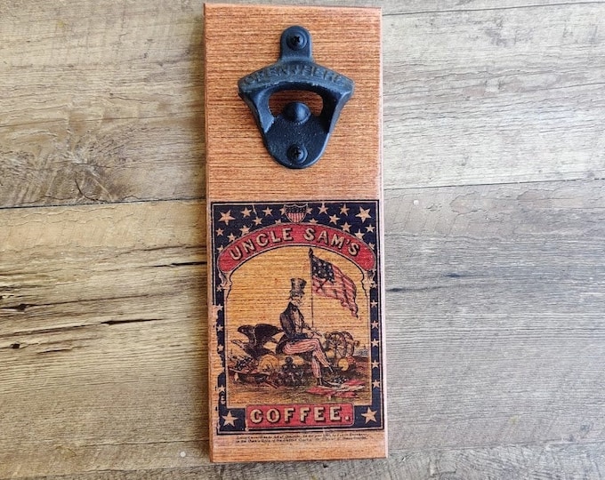 Uncle Sam Americana Wall Mounted Bottle Opener Cast Iron and Wood