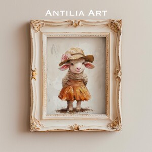 Lamb in skirt | vintage sheep portrait painting | rustic wall art | sheep lover gift | farm animal print | nursery decor | Antilia Art | 180