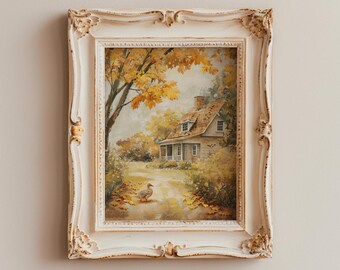 Vintage Duck Landscape Oil Painting | Autumn Cottage Art Print (Digital Download)