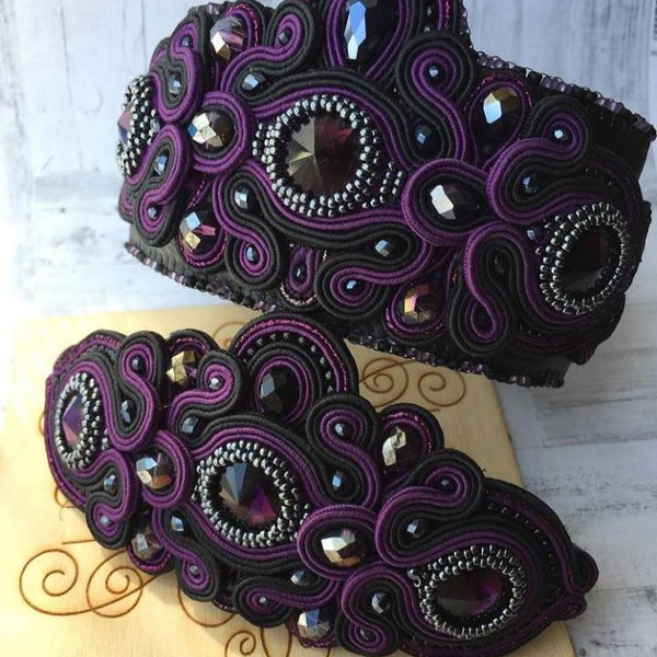 Bracelet perlé Purple Black Soutache et pince à cheveux avec cristaux de verre - Pièce unique élégante - Cadeau parfait pour elle